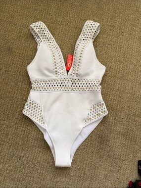 White One-Piece Swimsuit with Lattice Insets